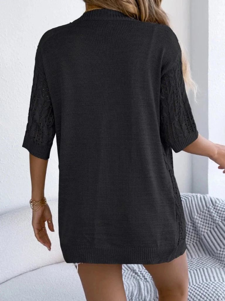 Openwork Open Front Half Sleeve Cardigan - Black by Trendsi from FREYA’S CLOSET