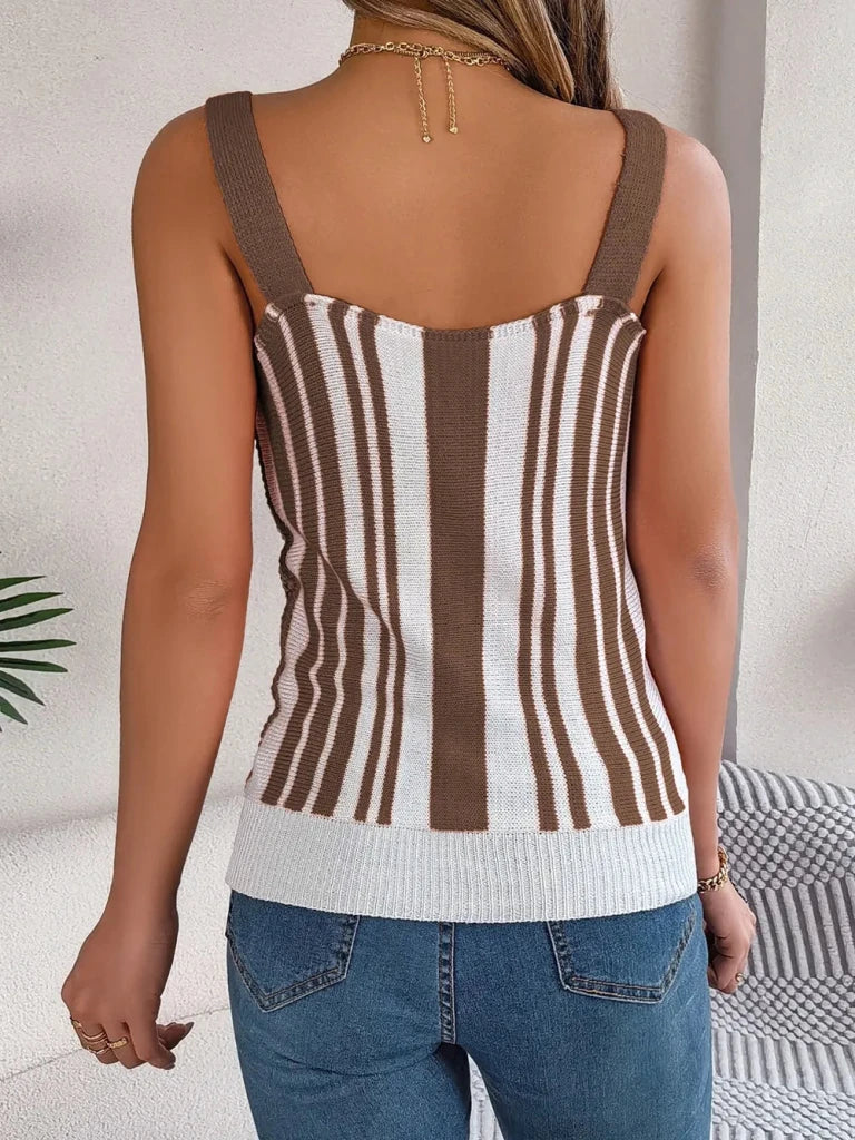 Openwork Striped V - Neck Tank - Mocha by Trendsi from FREYA’S CLOSET