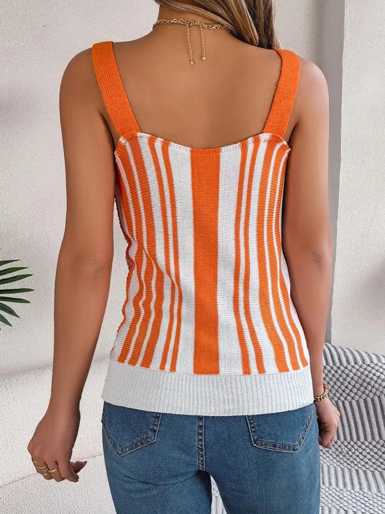 Openwork Striped V - Neck Tank - Orange by Trendsi from FREYA’S CLOSET