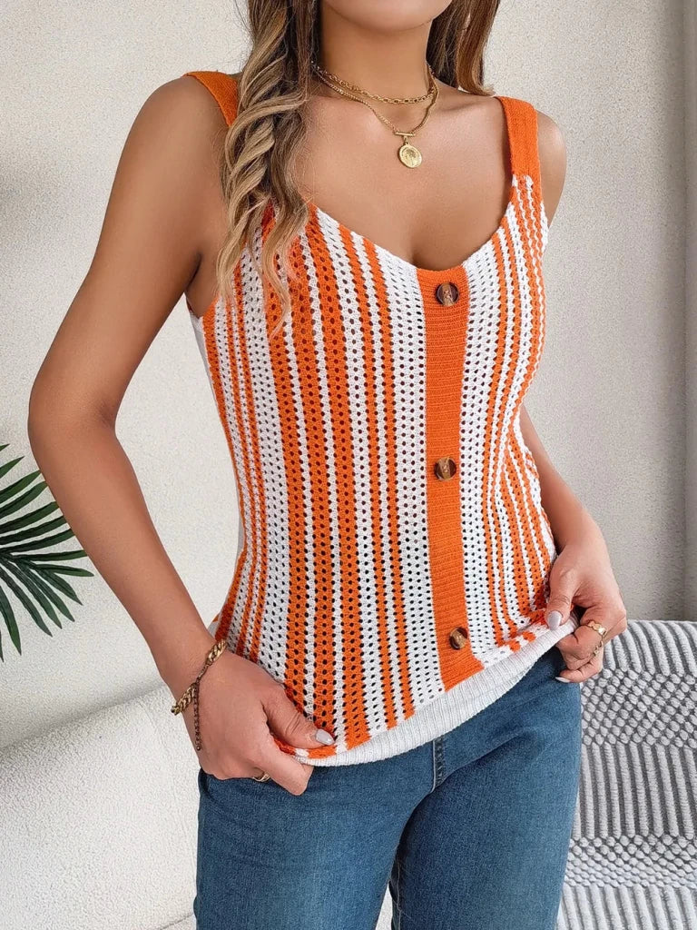 Openwork Striped V - Neck Tank - Orange by Trendsi from FREYA’S CLOSET