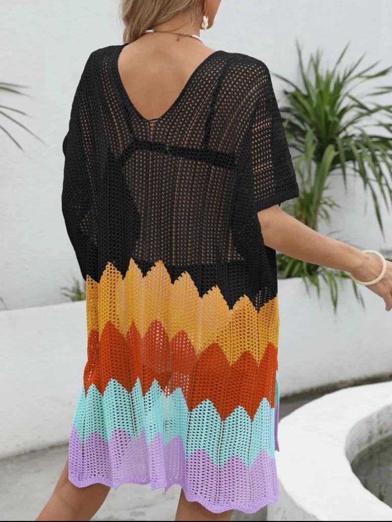 Openwork V - Neck Half Sleeve Cover - Up - Black by Trendsi from FREYA’S CLOSET