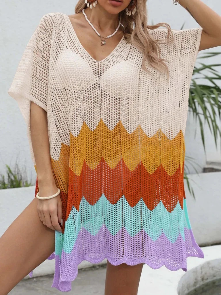 Openwork V - Neck Half Sleeve Cover - Up - Tan by Trendsi from FREYA’S CLOSET