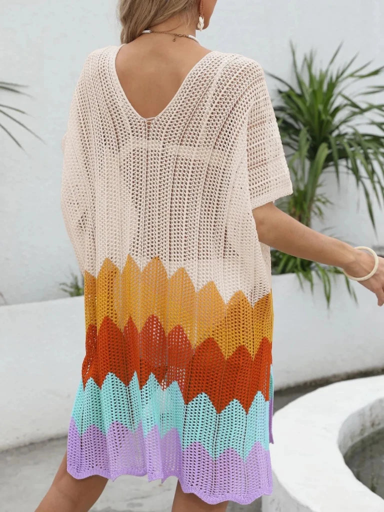 Openwork V - Neck Half Sleeve Cover - Up - Tan by Trendsi from FREYA’S CLOSET