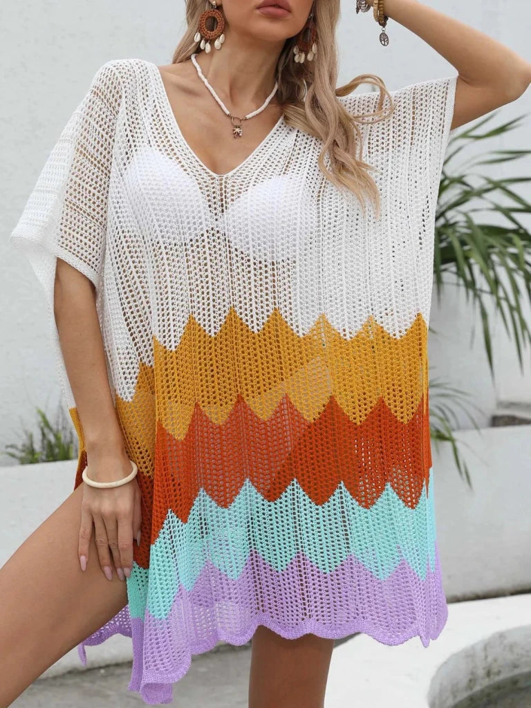 Openwork V - Neck Half Sleeve Cover - Up - White by Trendsi from FREYA’S CLOSET
