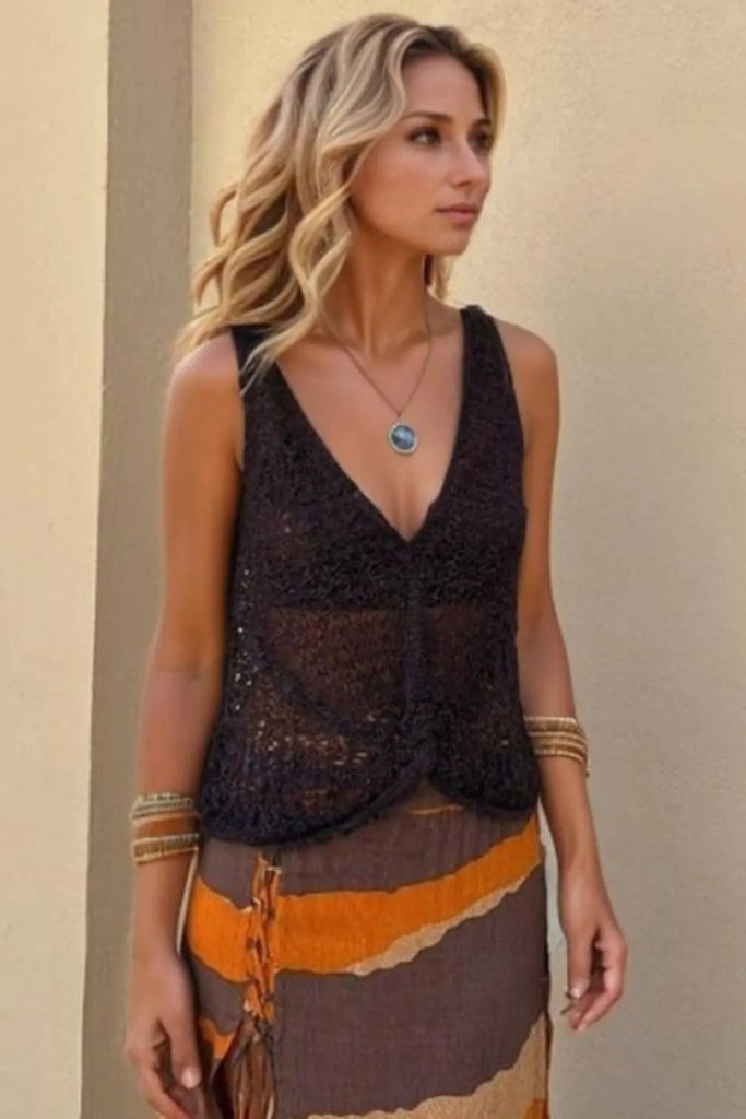 Openwork V - Neck Tank - Black by Trendsi from FREYA’S CLOSET