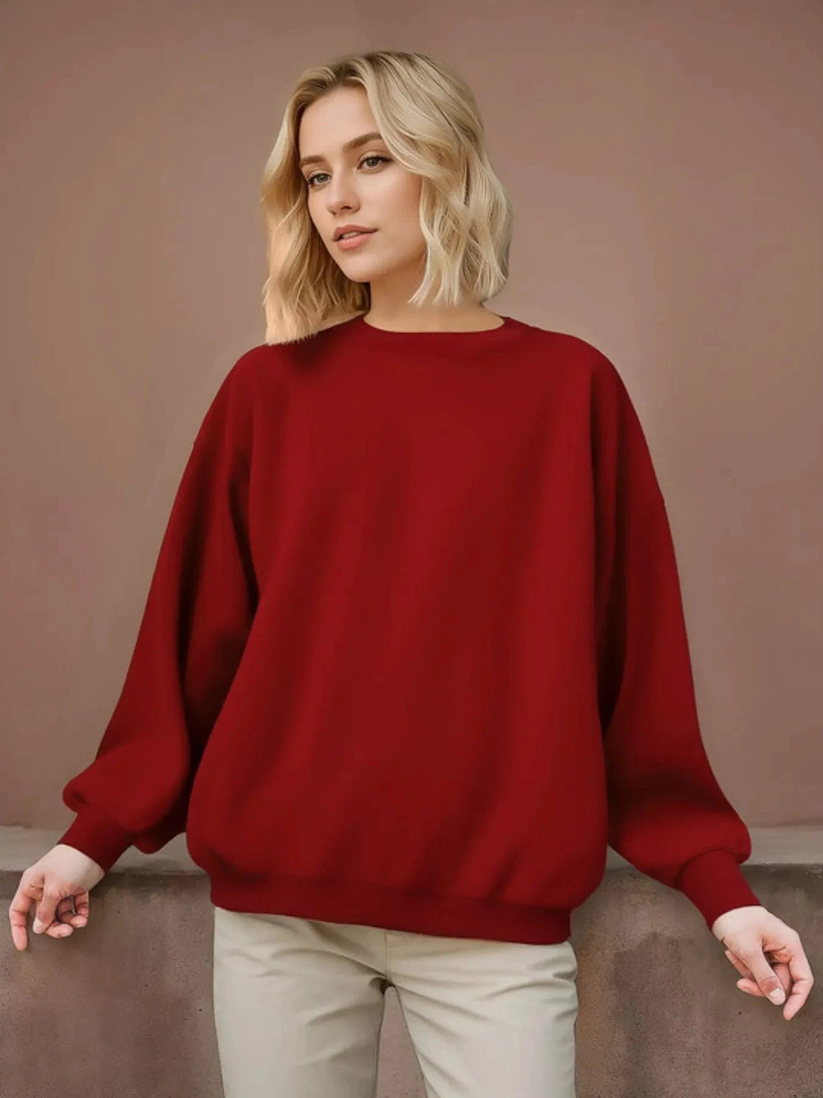 Trendsi Scarlet / S Oversized Round Neck Long Sleeve Knit Top