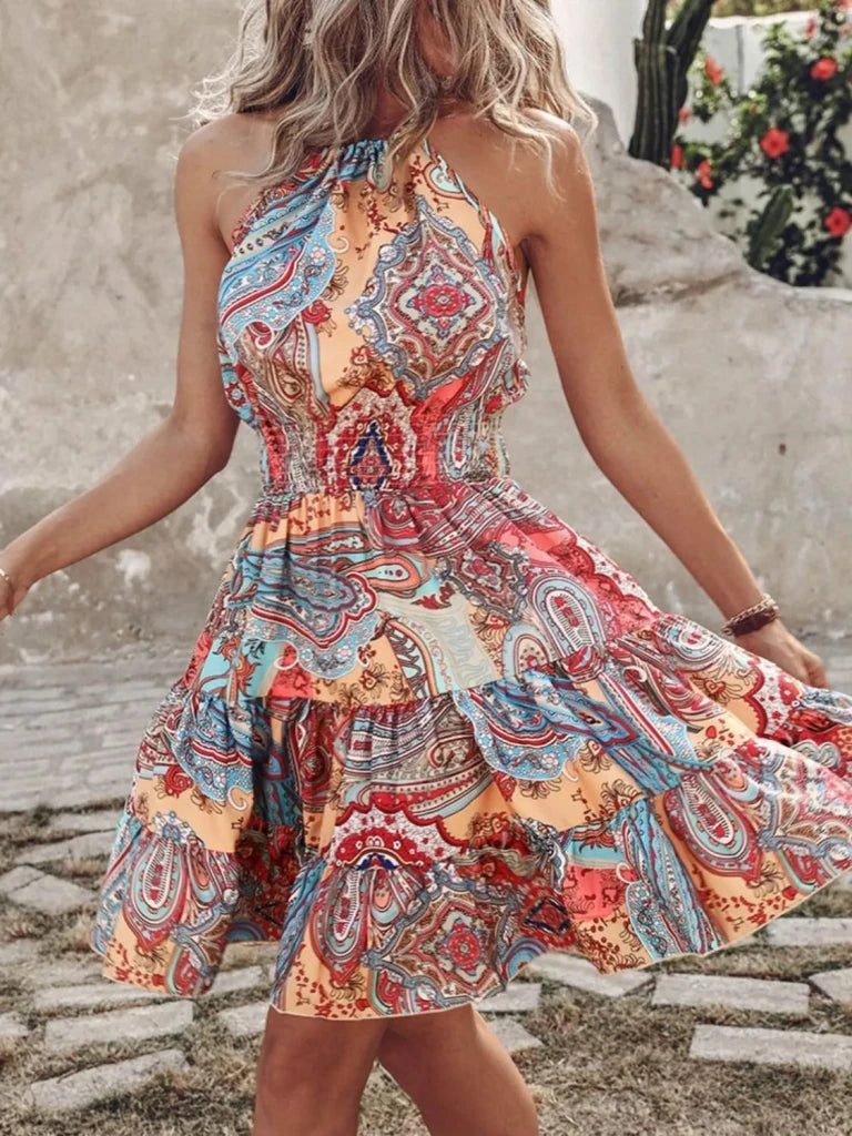 Paisley Print Halter Neck Mini Dress - Orange And Blue by Trendsi from FREYA’S CLOSET