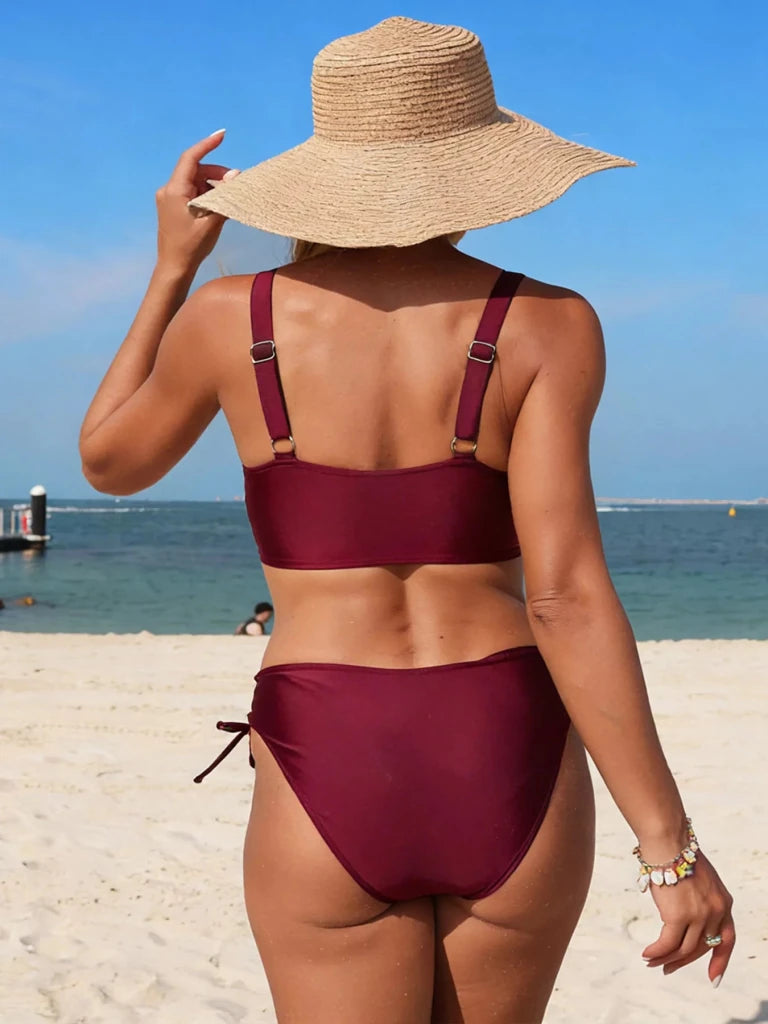 Palm Tree Cutout Lace - Up Swim Set - Burgundy by Trendsi from FREYA’S CLOSET