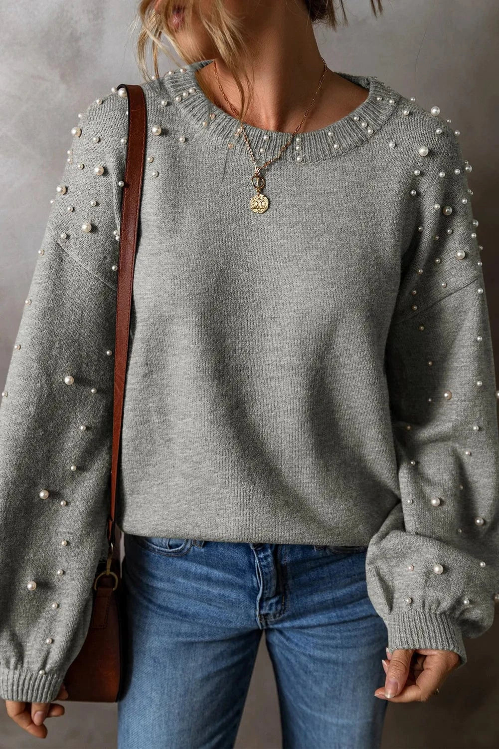 Trendsi Pearl Detail Round Neck Long Sleeve Sweater