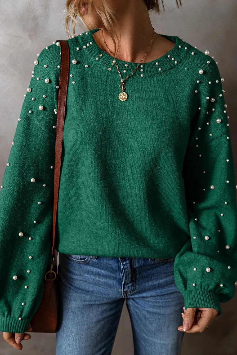 Trendsi Dark Green / S Pearl Detail Round Neck Long Sleeve Sweater