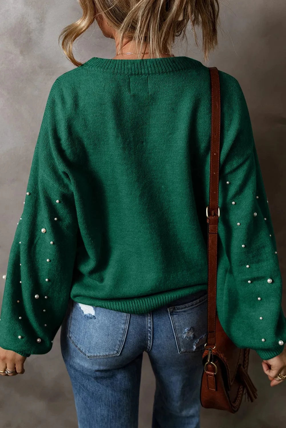Trendsi Pearl Detail Round Neck Long Sleeve Sweater