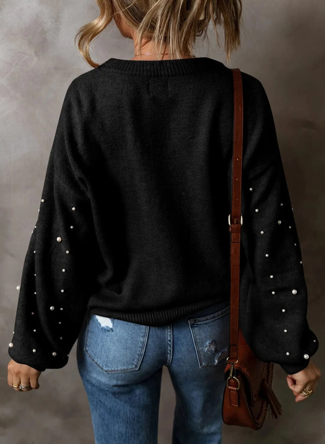Trendsi Pearl Detail Round Neck Long Sleeve Sweater