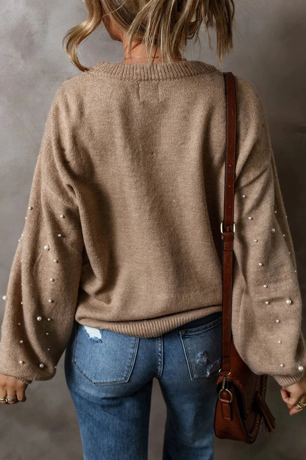 Trendsi Pearl Detail Round Neck Long Sleeve Sweater