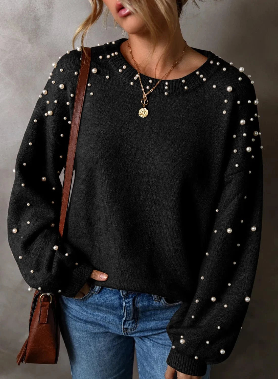 Trendsi Black / S Pearl Detail Round Neck Long Sleeve Sweater