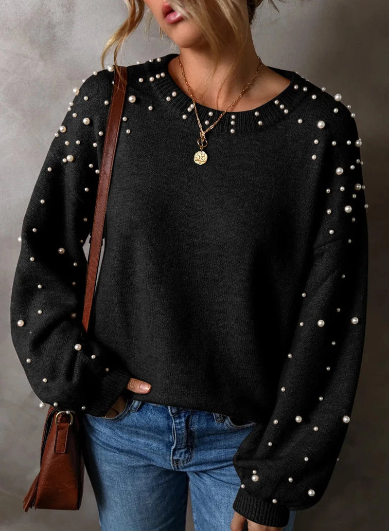 Trendsi Black / S Pearl Detail Round Neck Long Sleeve Sweater