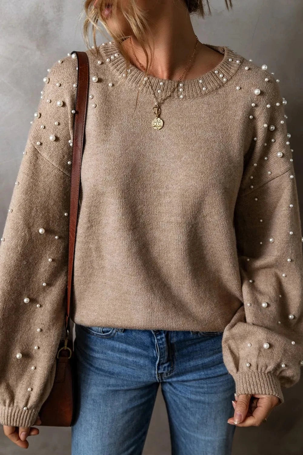 Trendsi Pearl Detail Round Neck Long Sleeve Sweater