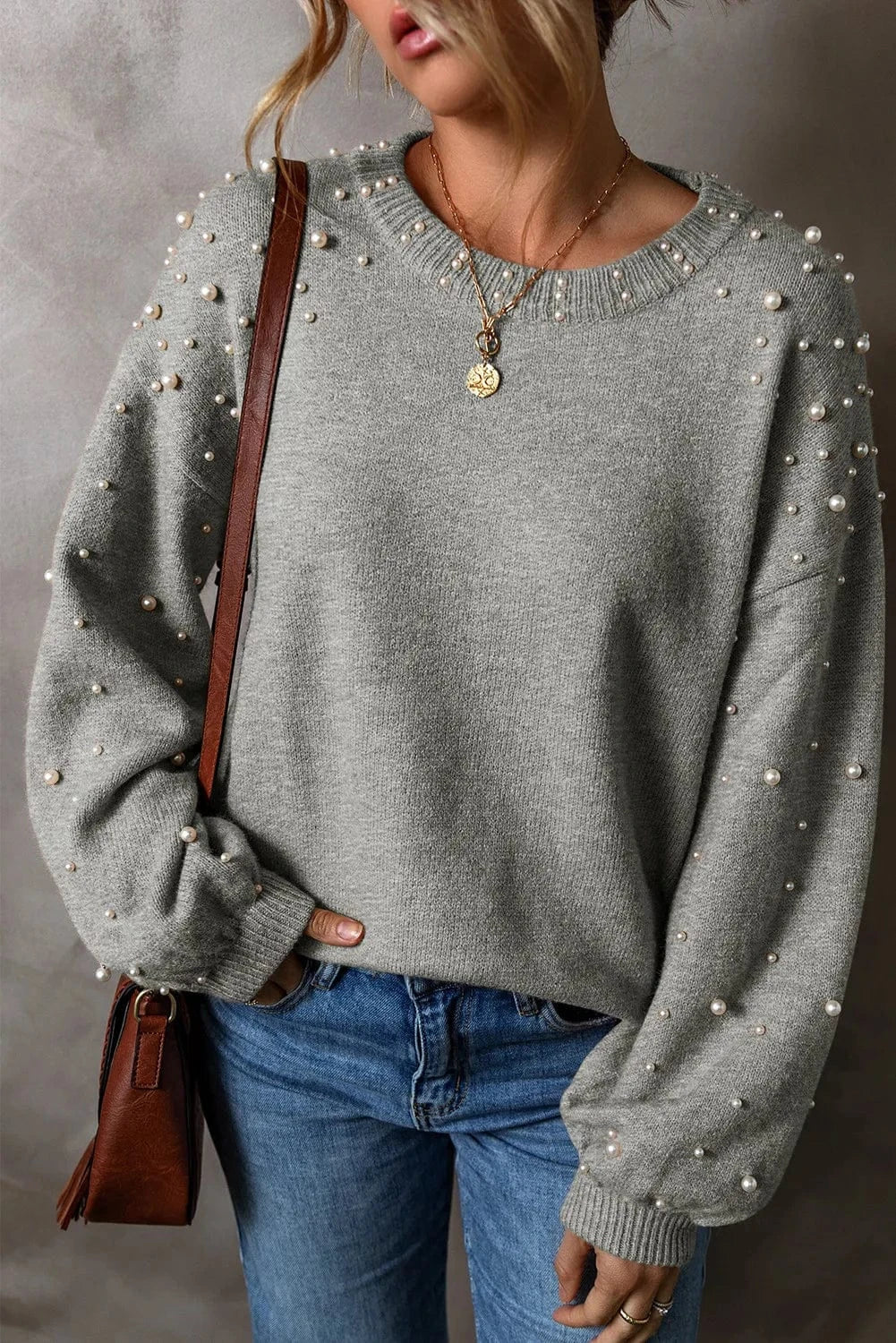 Trendsi Gray / S Pearl Detail Round Neck Long Sleeve Sweater