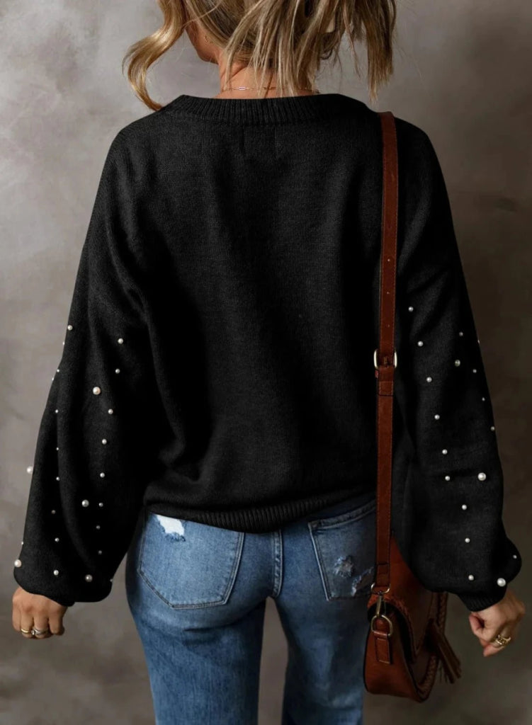 Pearl Detail Round Neck Long Sleeve Sweater - Black by Trendsi from FREYA’S CLOSET