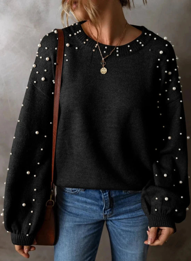 Pearl Detail Round Neck Long Sleeve Sweater - Black by Trendsi from FREYA’S CLOSET