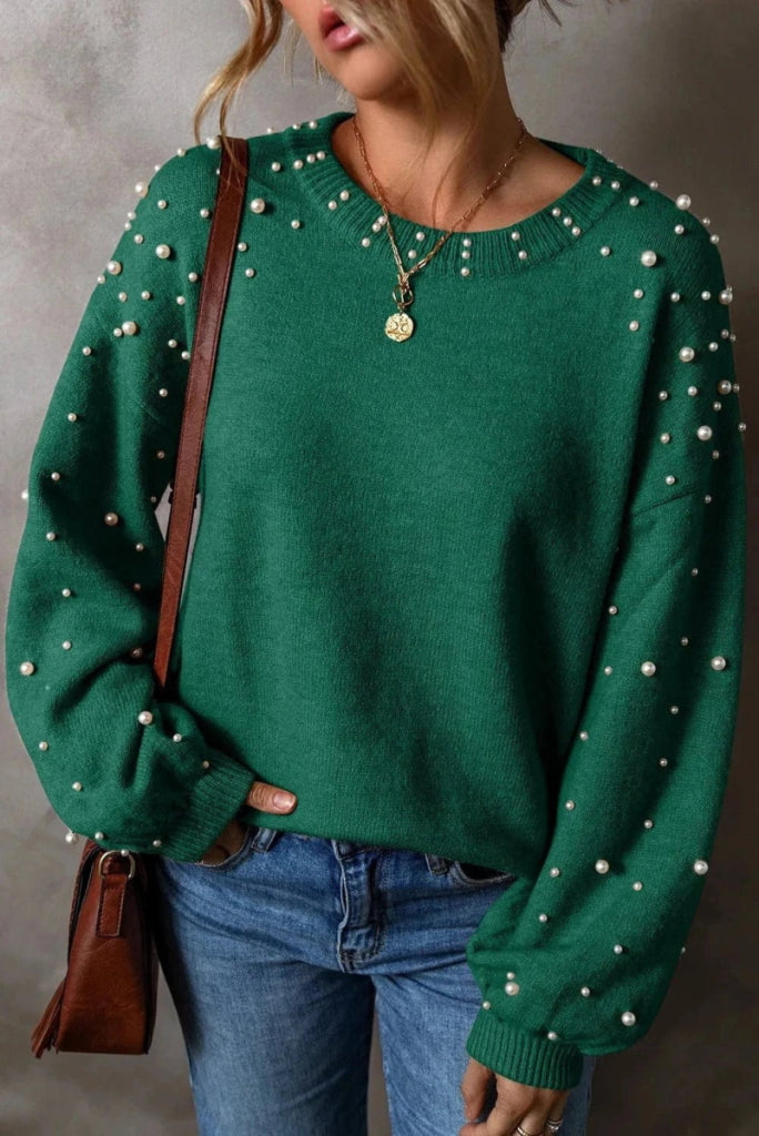 Pearl Detail Round Neck Long Sleeve Sweater - Dark Green by Trendsi from FREYA’S CLOSET