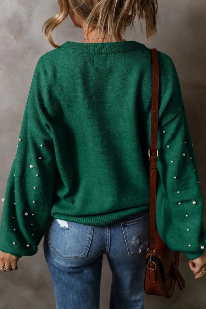 Pearl Detail Round Neck Long Sleeve Sweater - Dark Green by Trendsi from FREYA’S CLOSET