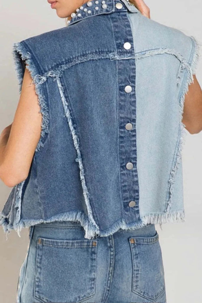 Pearl Raw Hem Sleeveless Denim Jacket - Medium by Trendsi from FREYA’S CLOSET