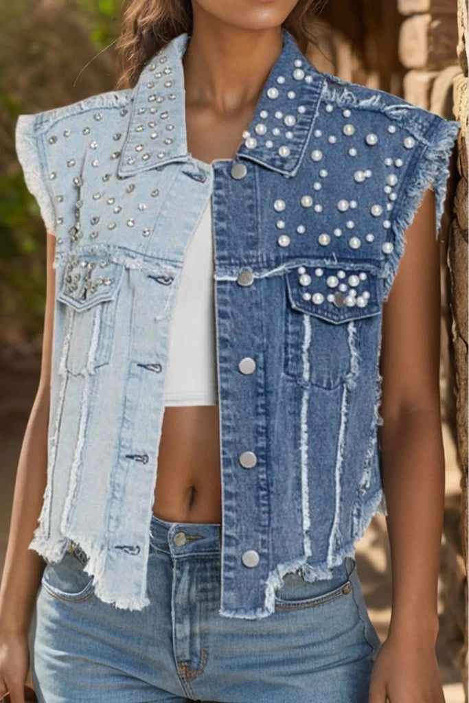 Pearl Raw Hem Sleeveless Denim Jacket - Medium by Trendsi from FREYA’S CLOSET