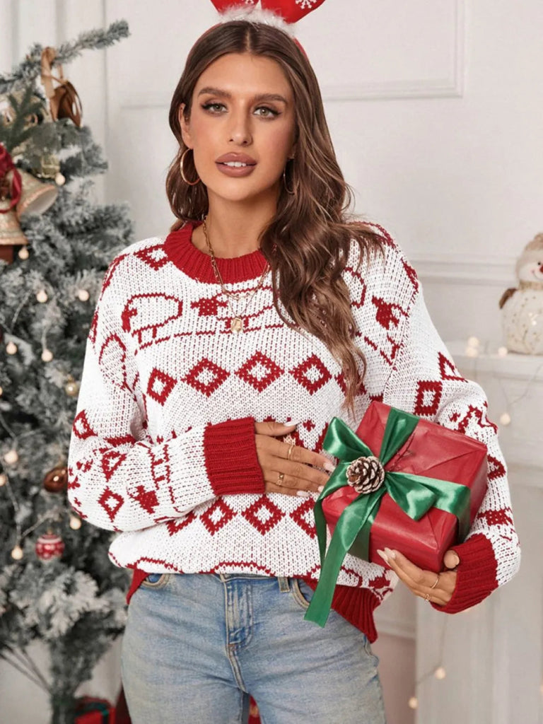 Perfee Contrast Geometric Round Neck Long Sleeve Sweater - White by Trendsi from FREYA’S CLOSET