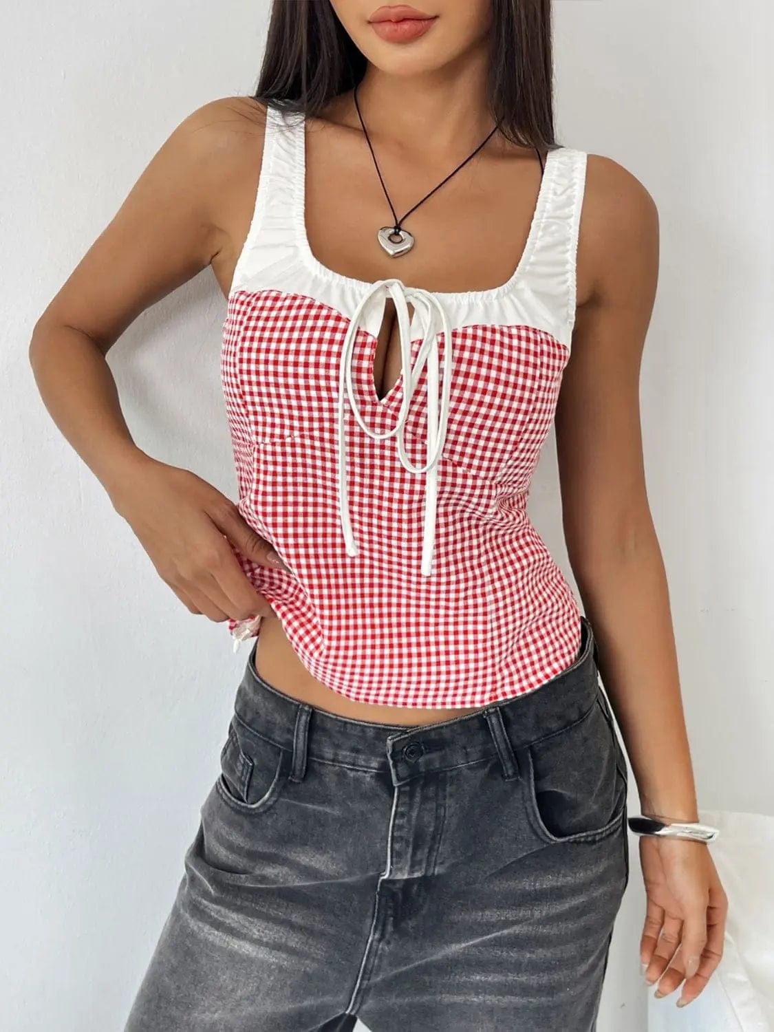 Trendsi Shirts and Blouse Perfee Contrast Plaid Square Neck Tank