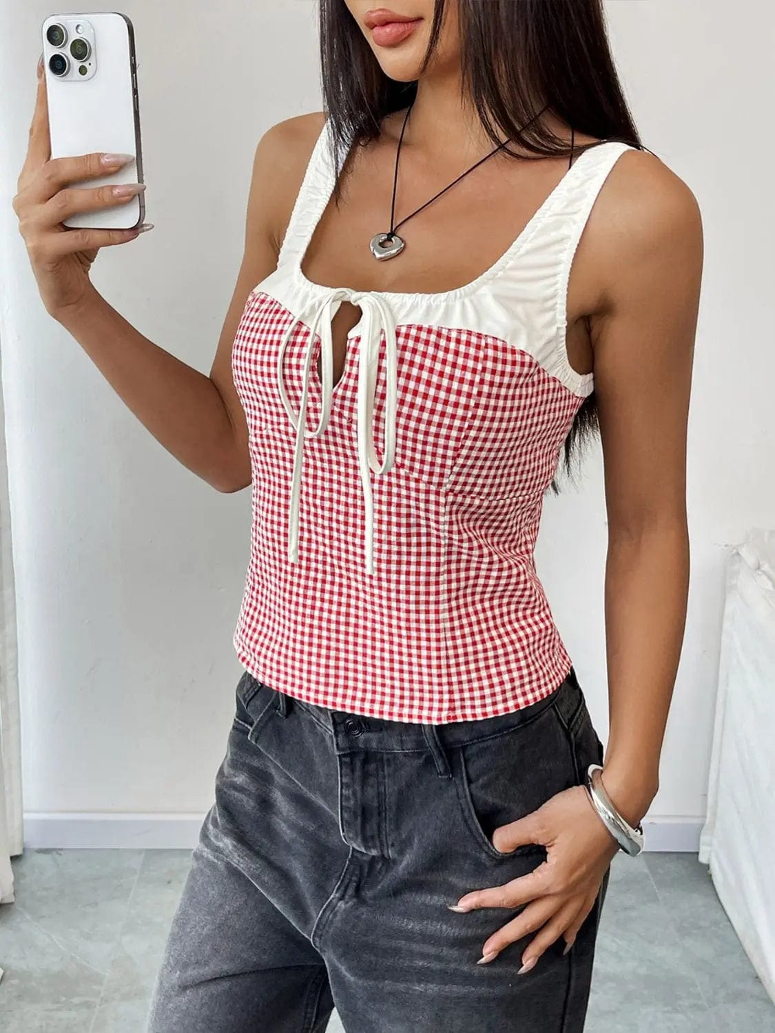 Trendsi Shirts and Blouse Perfee Contrast Plaid Square Neck Tank