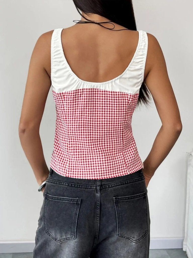 Perfee Contrast Plaid Square Neck Tank - Deep Red by Trendsi from FREYA’S CLOSET