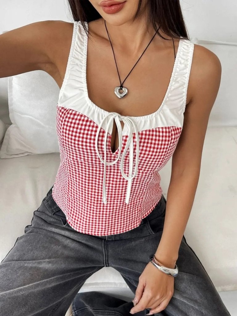 Perfee Contrast Plaid Square Neck Tank - Deep Red by Trendsi from FREYA’S CLOSET