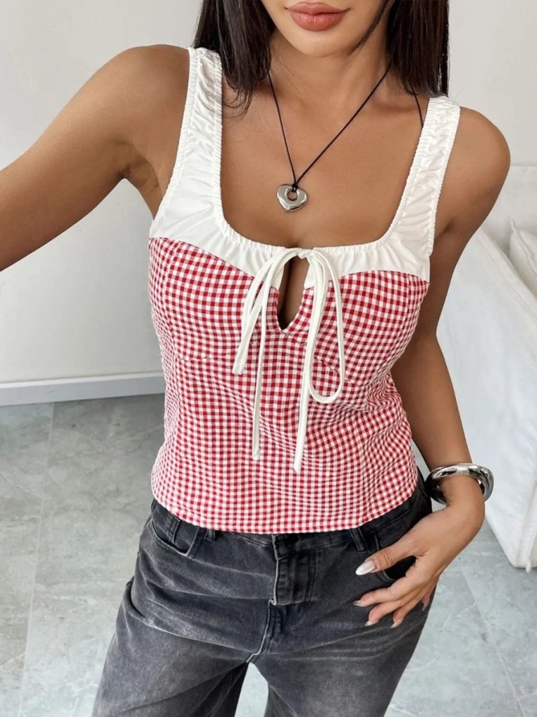 Perfee Contrast Plaid Square Neck Tank - Deep Red by Trendsi from FREYA’S CLOSET