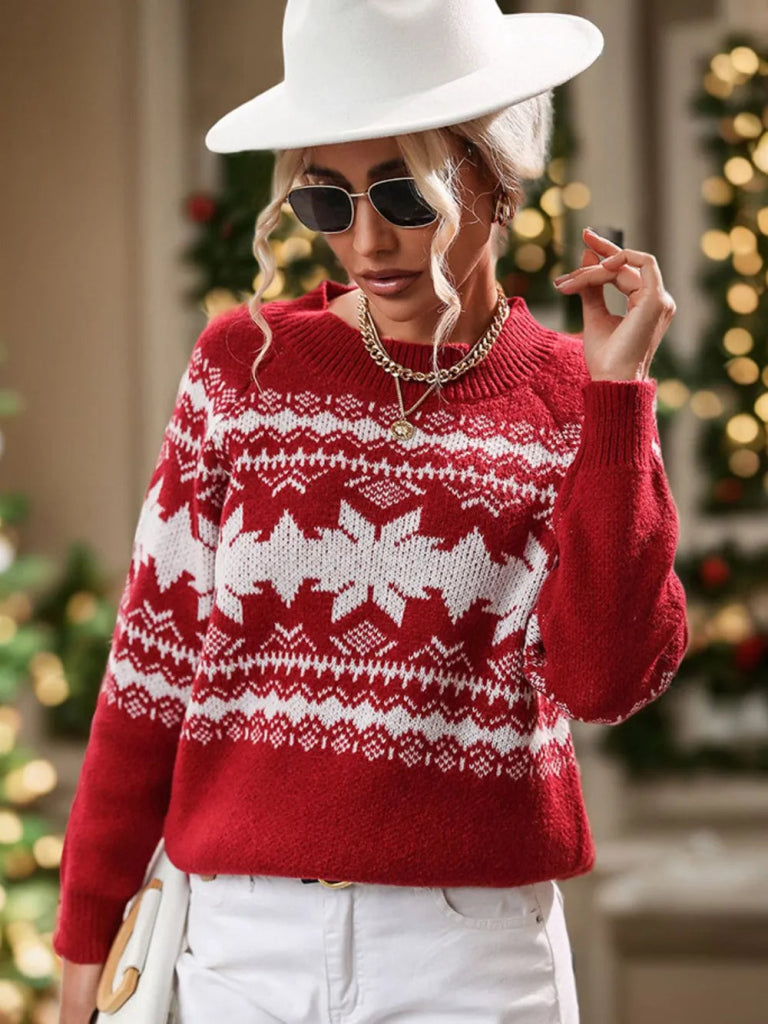 Perfee Geometric Round Neck Long Sleeve Sweater - Deep Red by Trendsi from FREYA’S CLOSET