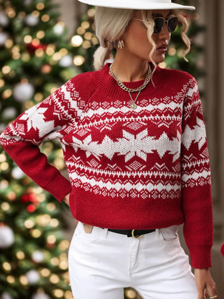 Perfee Geometric Round Neck Long Sleeve Sweater - Deep Red by Trendsi from FREYA’S CLOSET