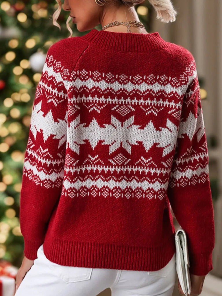 Perfee Geometric Round Neck Long Sleeve Sweater - Deep Red by Trendsi from FREYA’S CLOSET