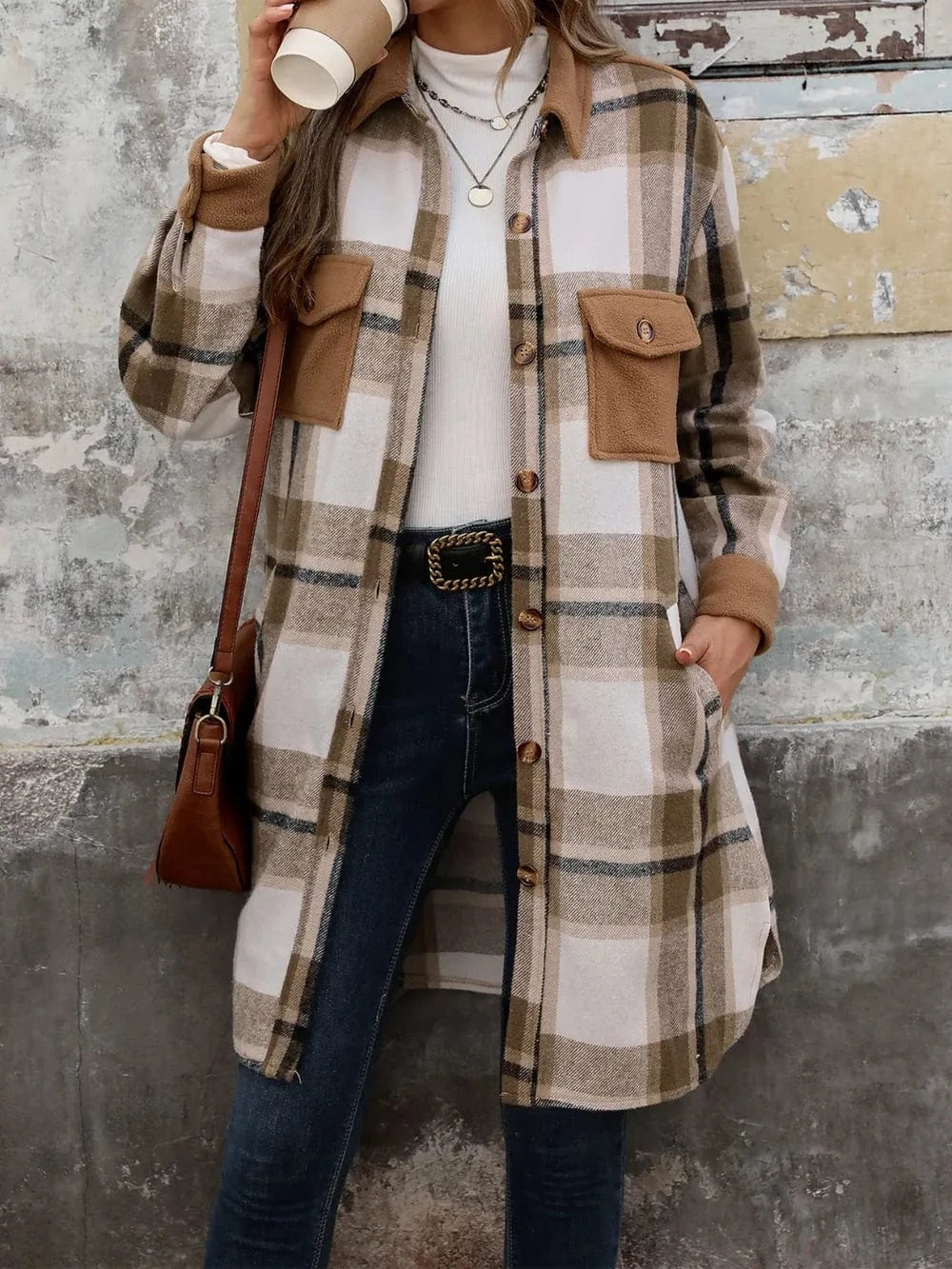 Trendsi Perfee Plaid Button Up Long Sleeve Coat