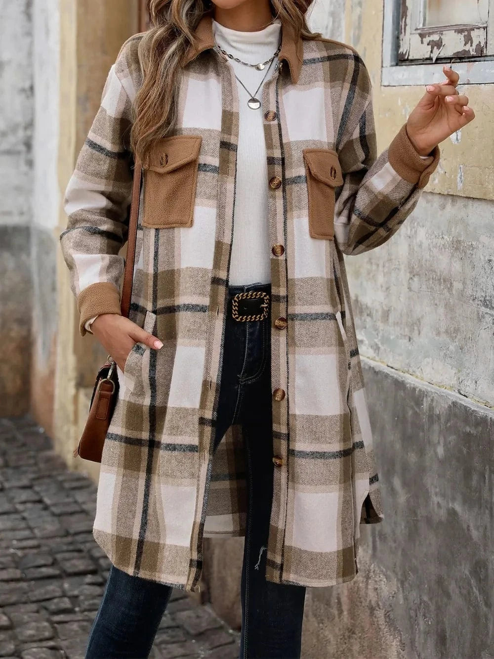 Trendsi Coffee Brown / S Perfee Plaid Button Up Long Sleeve Coat