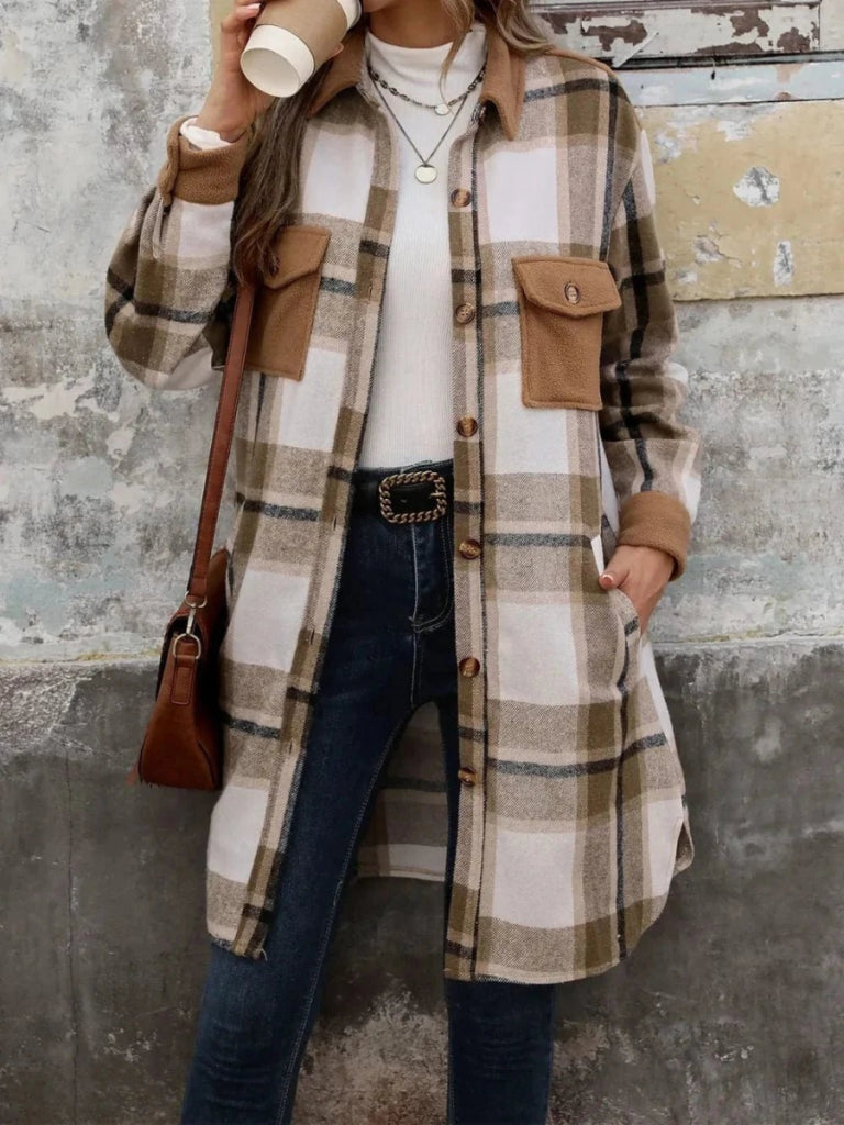 Perfee Plaid Button Up Long Sleeve Coat - Coffee Brown by Trendsi from FREYA’S CLOSET