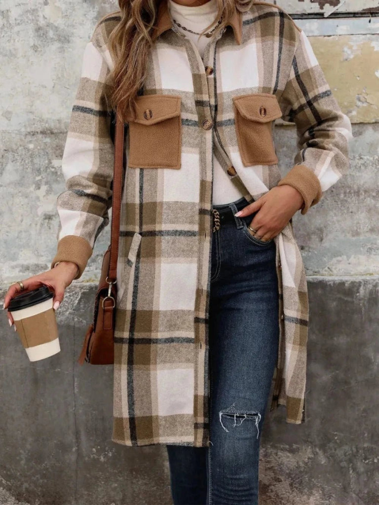 Perfee Plaid Button Up Long Sleeve Coat - Coffee Brown by Trendsi from FREYA’S CLOSET