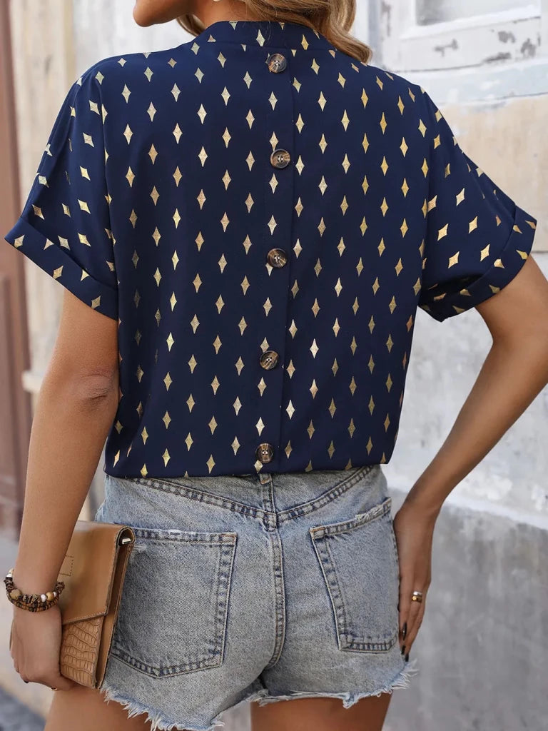 Perfee Printed Notched Short Sleeve Blouse - Dark Blue by Trendsi from FREYA’S CLOSET