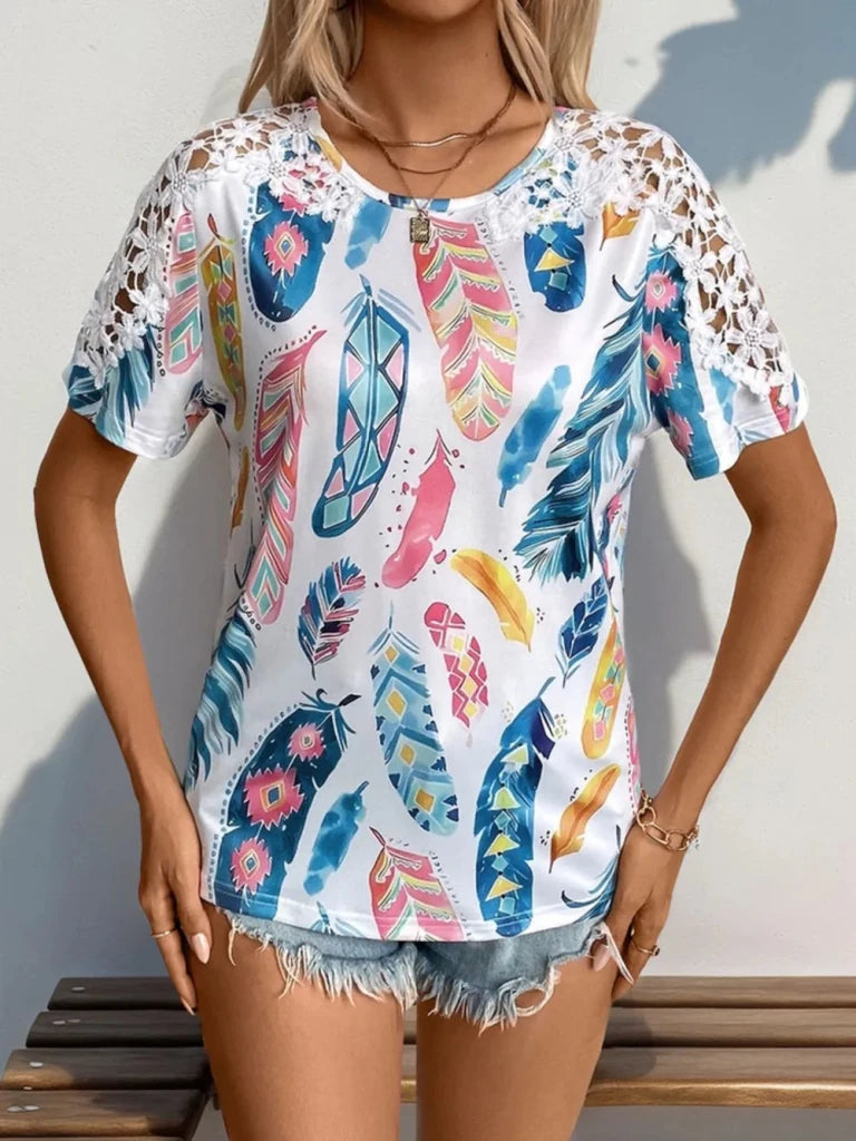 Perfee Printed Round Neck Lace Short Sleeve Top - White by Trendsi from FREYA’S CLOSET