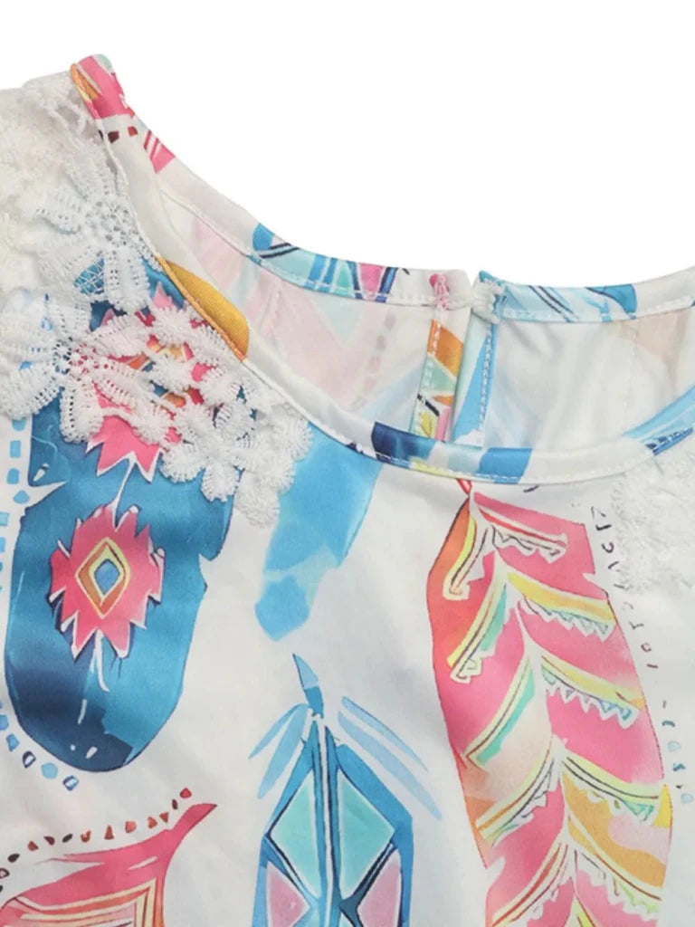 Perfee Printed Round Neck Lace Short Sleeve Top - White by Trendsi from FREYA’S CLOSET