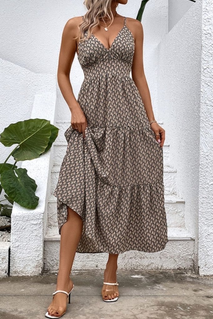 Perfee Printed Spaghetti Strap Tie Back Dress - Camel by Trendsi from FREYA’S CLOSET