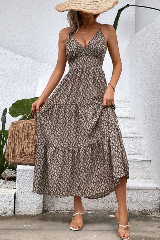 Perfee Printed Spaghetti Strap Tie Back Dress - Camel by Trendsi from FREYA’S CLOSET