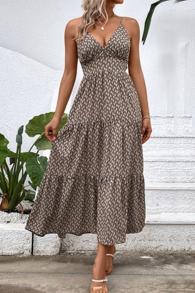 Perfee Printed Spaghetti Strap Tie Back Dress - Camel by Trendsi from FREYA’S CLOSET