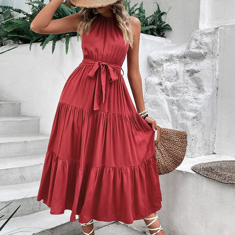Perfee Tie Belt Tiered Midi Dress - Burgundy by Trendsi from FREYA’S CLOSET