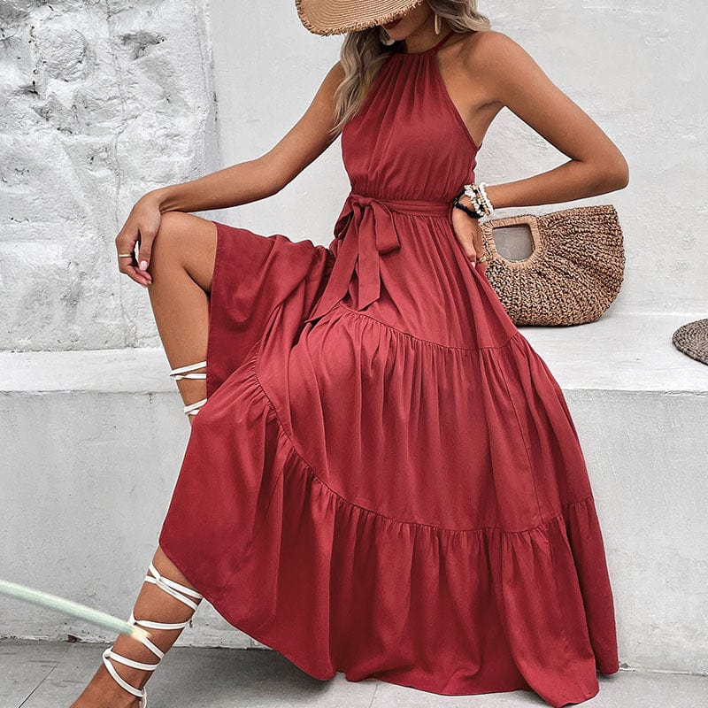 Perfee Tie Belt Tiered Midi Dress - Burgundy by Trendsi from FREYA’S CLOSET