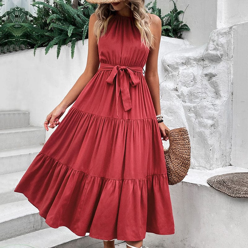Perfee Tie Belt Tiered Midi Dress - Burgundy by Trendsi from FREYA’S CLOSET
