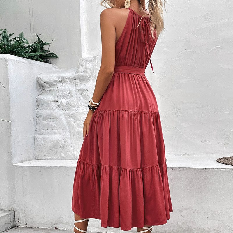 Perfee Tie Belt Tiered Midi Dress - Burgundy by Trendsi from FREYA’S CLOSET